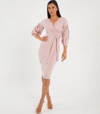 QUIZ Pink Puff Sleeve Tie Waist Midi Wrap Dress | New Look